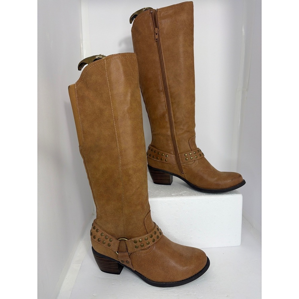 RuffHewn RH-JACKAL Brown Studded Harness Tall Boots Womens 8.5‎ M Side Zip Heel